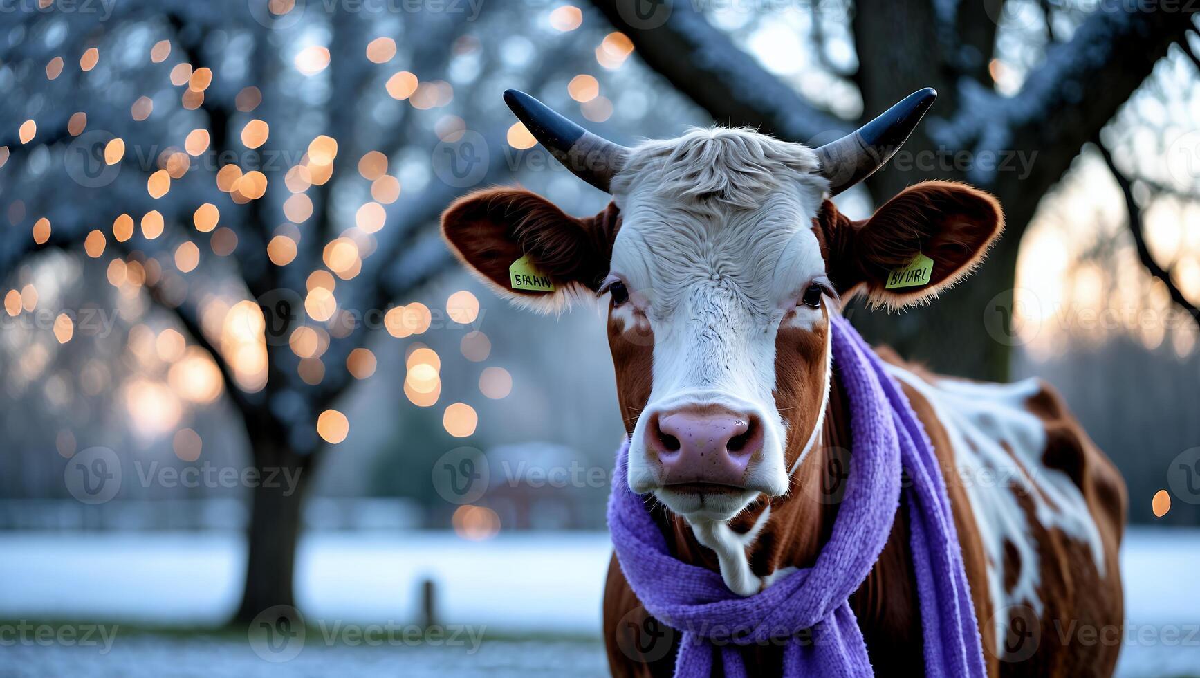 Cow Wearing Scarf in Winter Landscape with Bokeh Lights Background photo