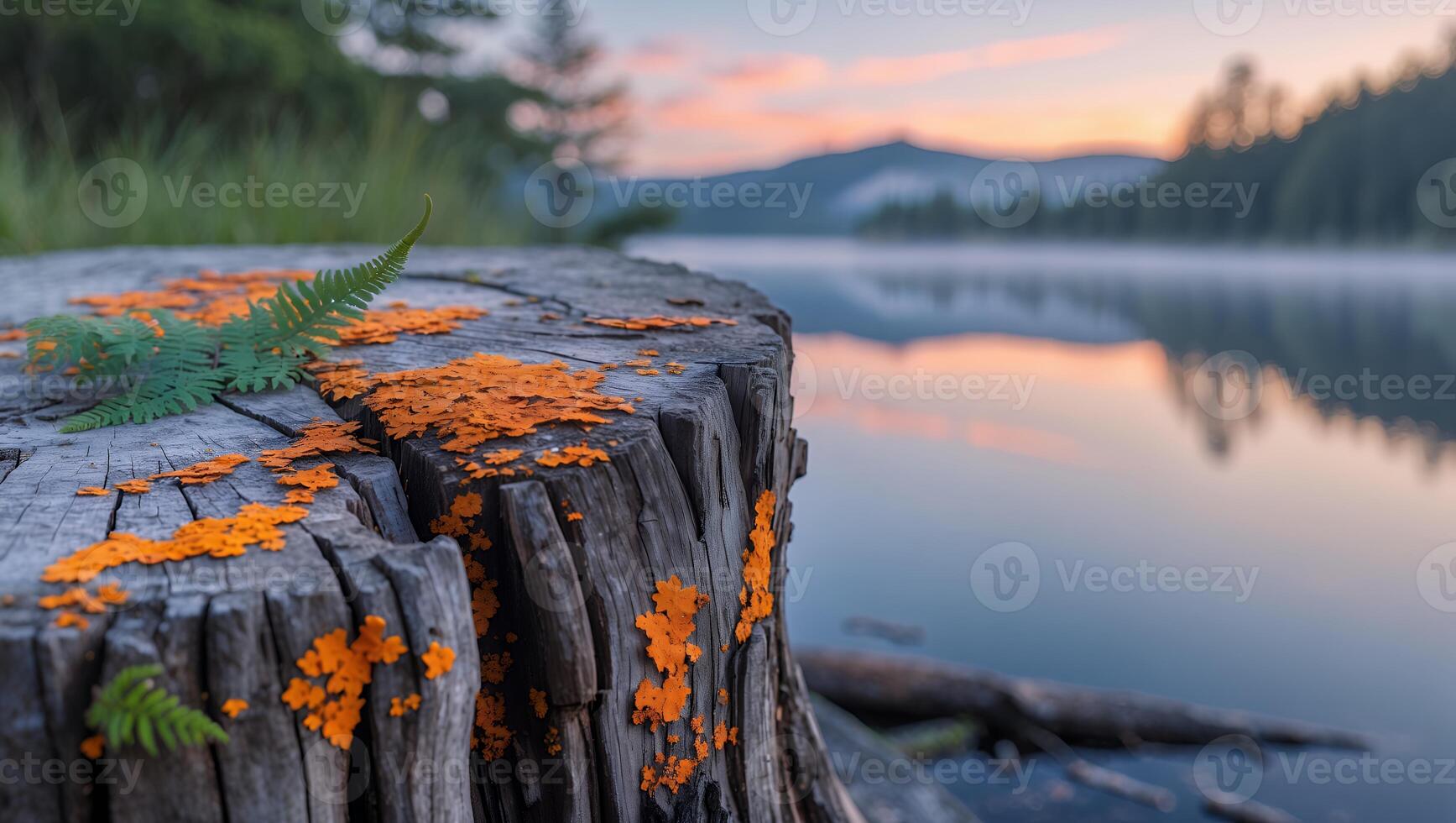 Tree Stump by Lake with Fern and Orange Lichen at Sunset photo