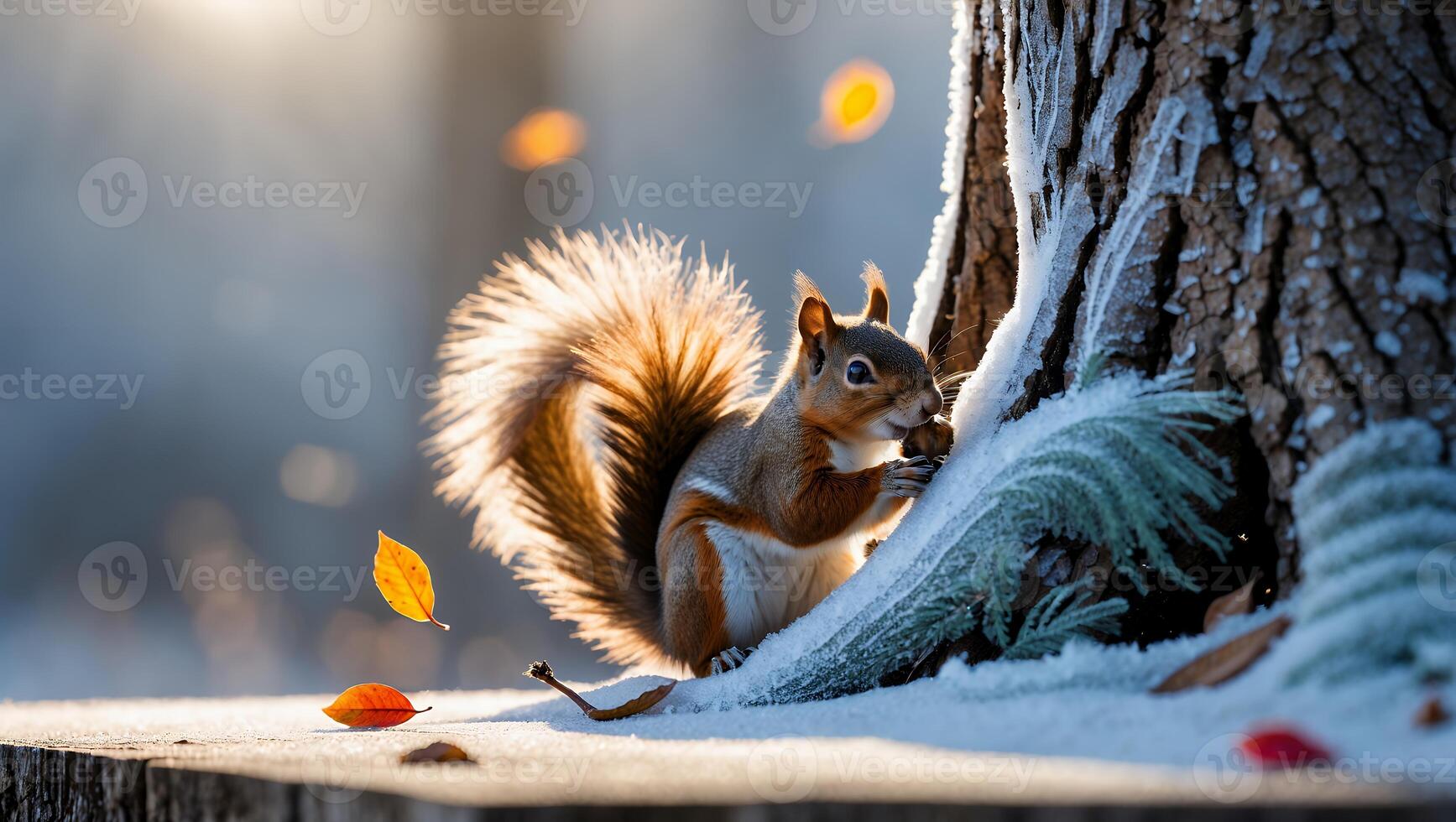 Squirrel Eating Nut by Tree in Winter Forest Scene photo