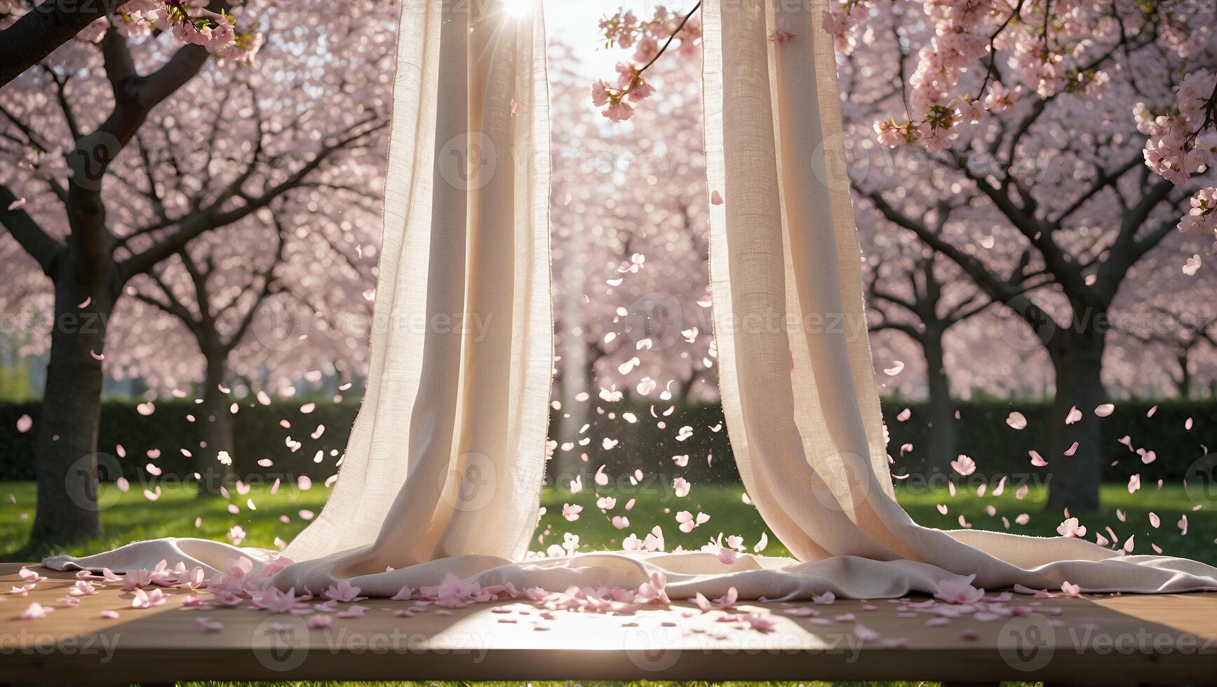 Falling Cherry Blossom Petals with Light Through Open Curtains in Garden photo