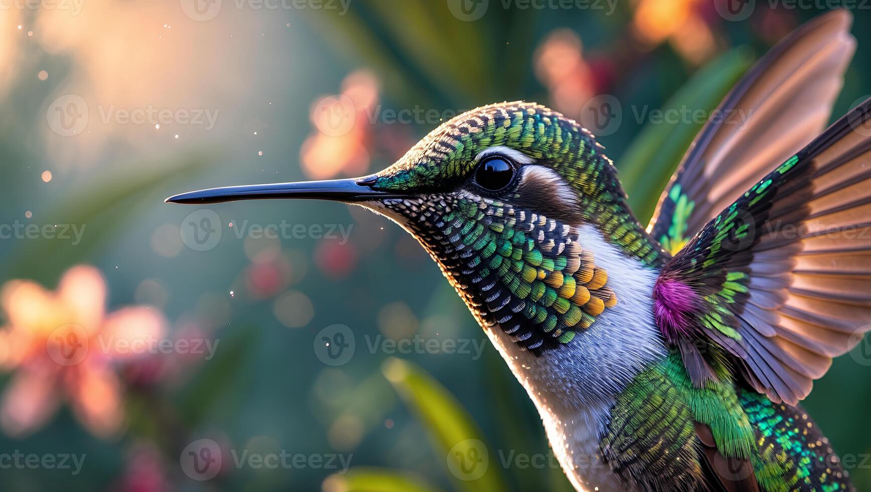 Hummingbird Close-up Among Flowers with Vibrant Iridescent Feathers and Wings photo