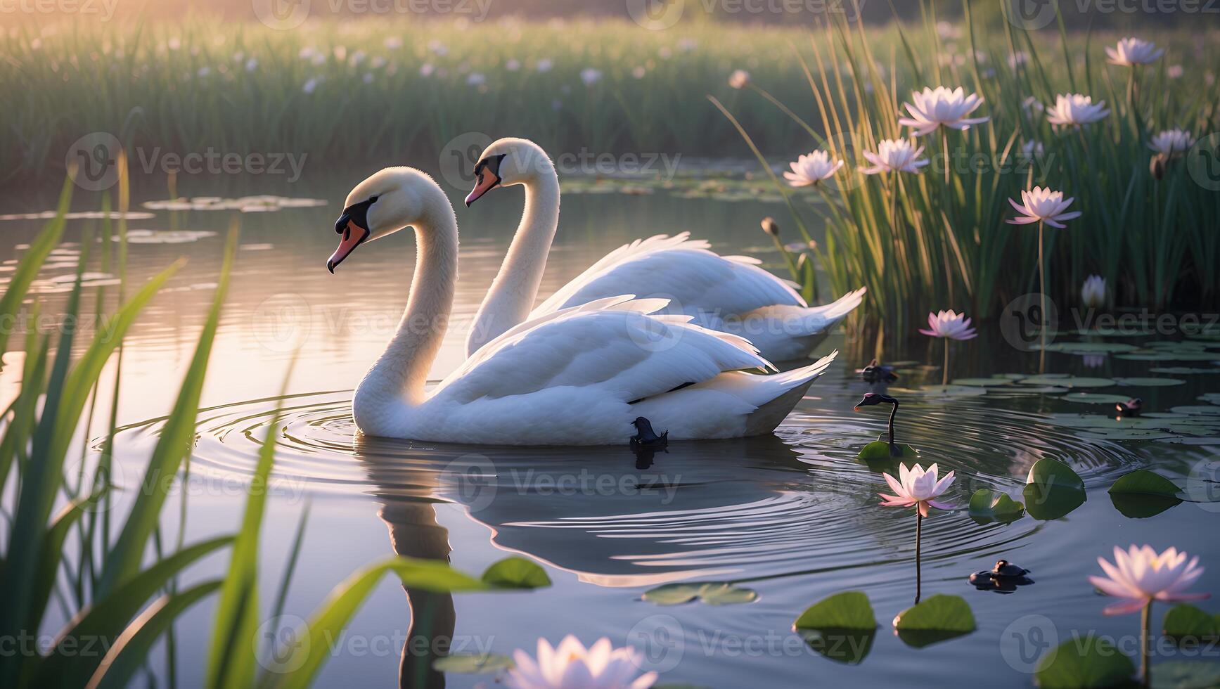 Swans Swimming Peacefully in Pond with Lily Pads and Flowers photo