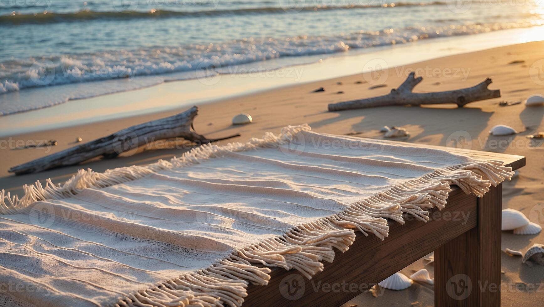Textured Beige Rug on Wooden Bench at Beach with Ocean View photo