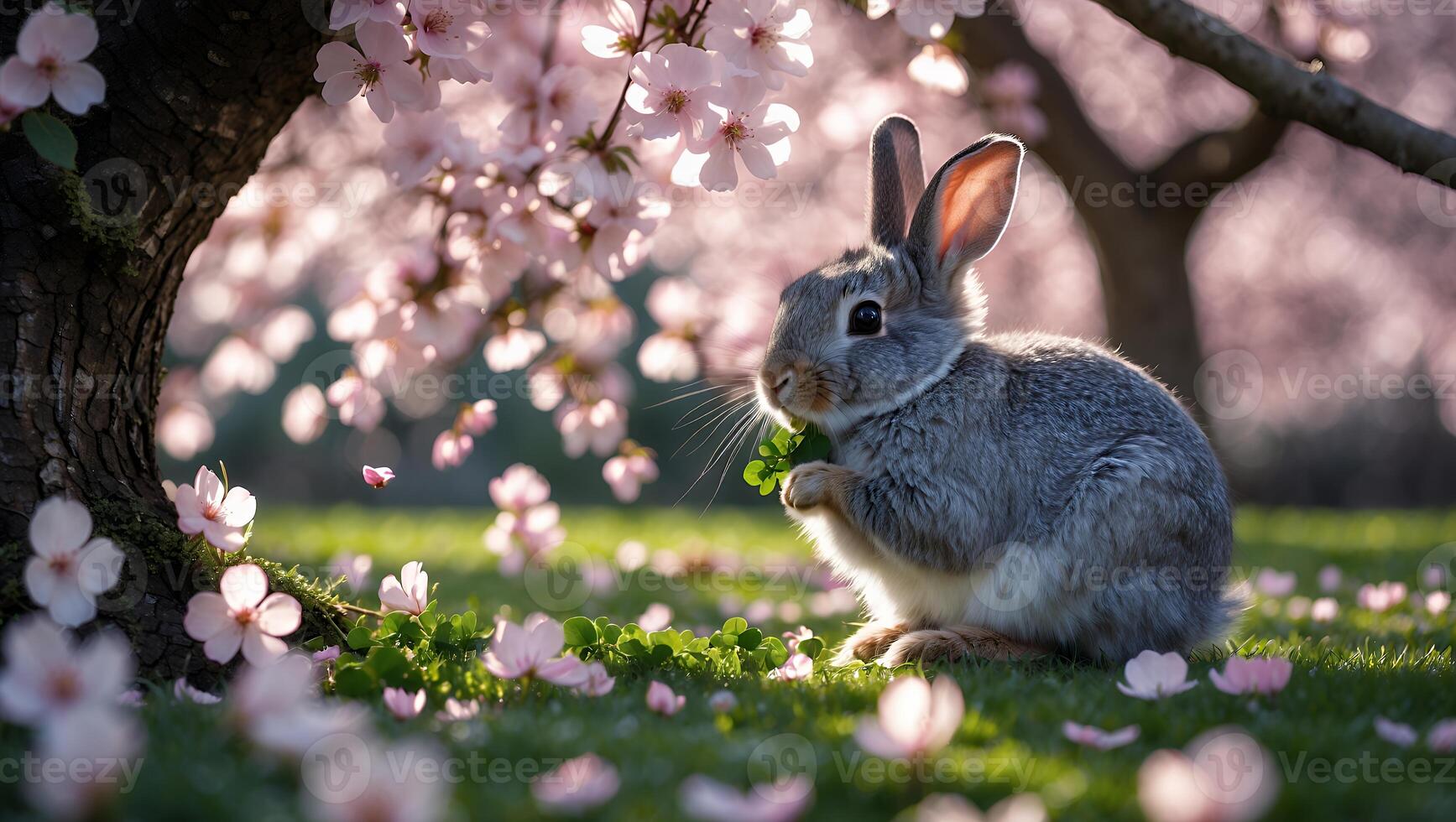 Rabbit Eating Clover in a Blooming Spring Orchard on Green Grass photo