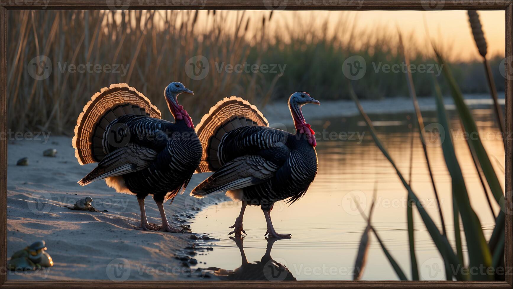 Two Turkeys Strolling Along Waterside at Sunset in Scenic Landscape photo