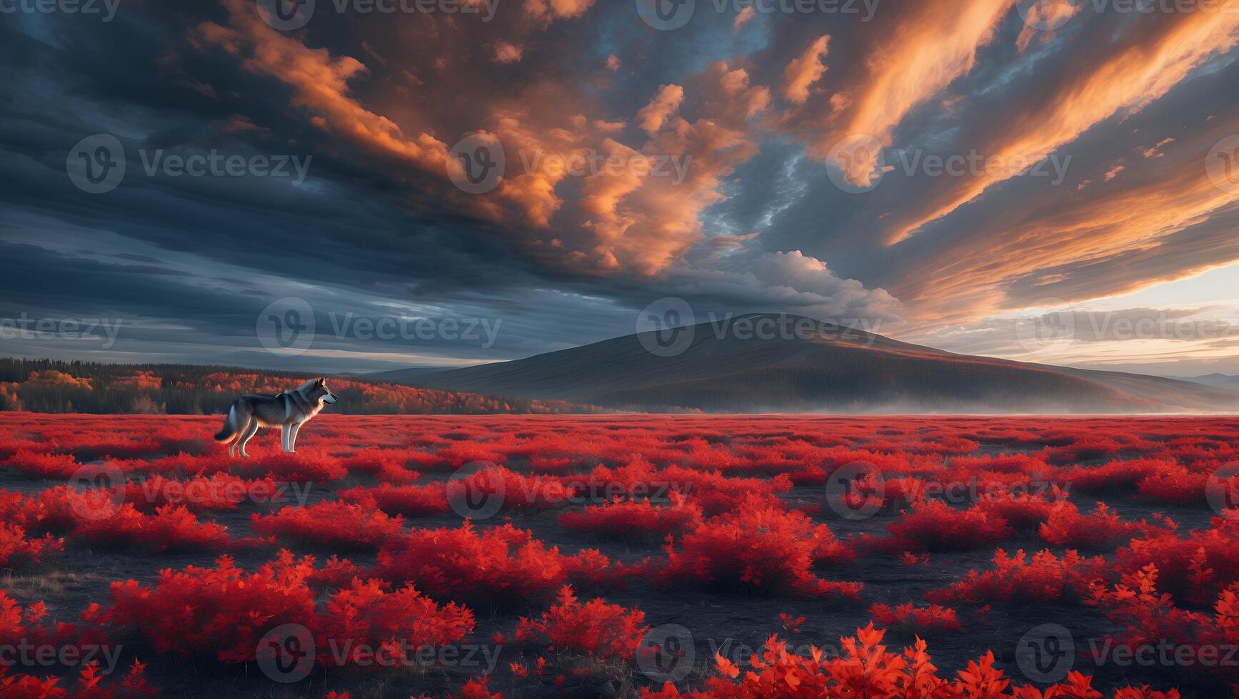 Wolf Standing in Vibrant Red Field Under Dramatic Cloudy Sky Landscape photo