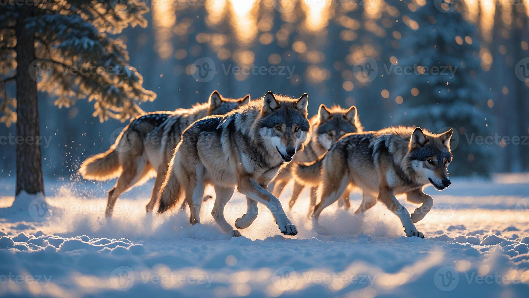 Pack of Wolves Running Through a Snowy Winter Forest Landscape photo