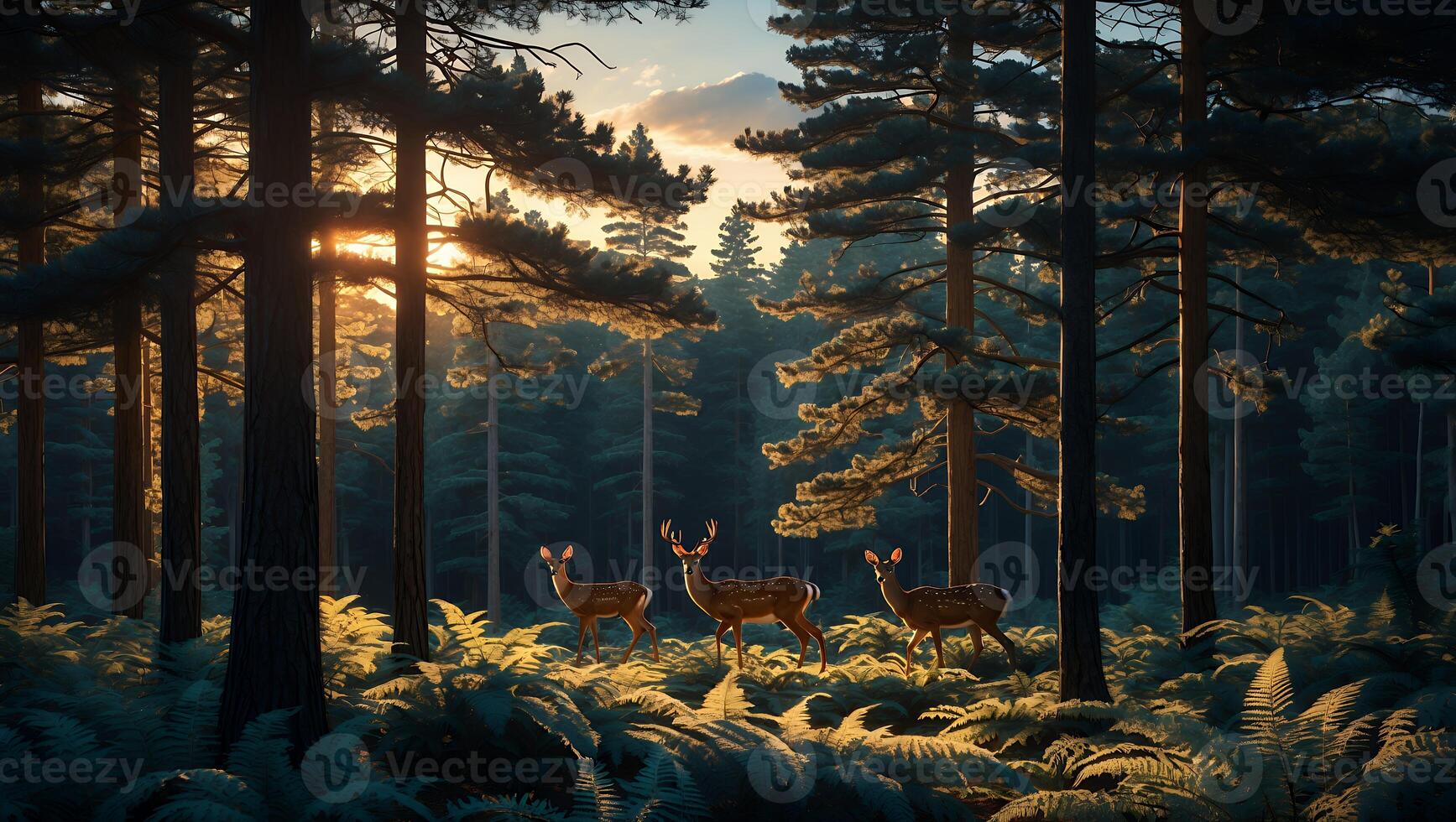 Deer Walking Through Forest at Sunset with Ferns and Trees photo
