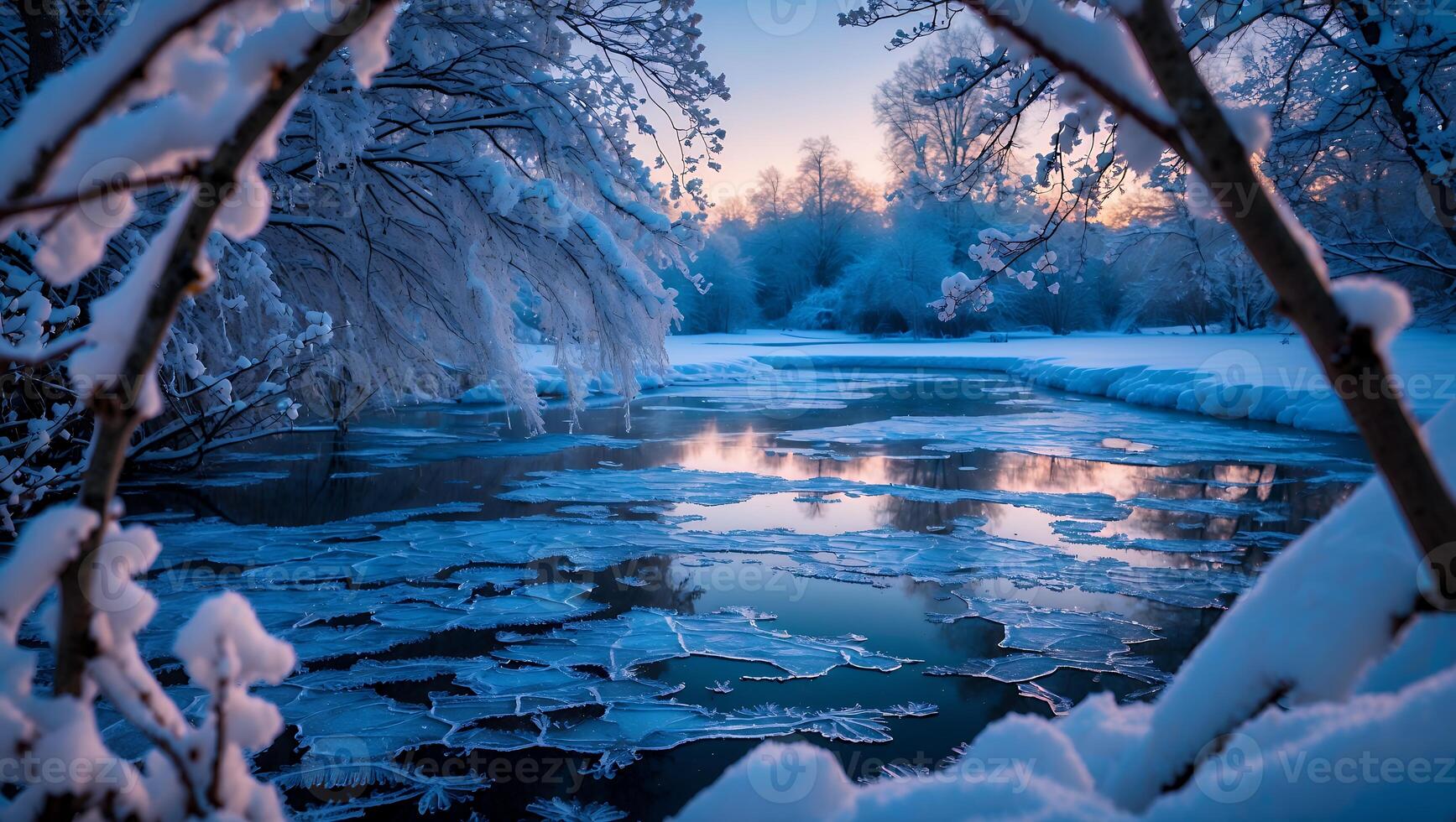 Icy River Flowing Through Snow Covered Forest at Sunset photo