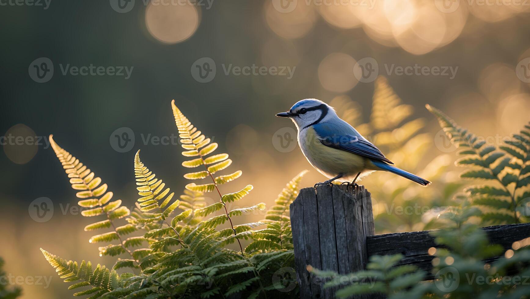 Small Blue Bird Perched on Fence Post with Soft Golden Light photo