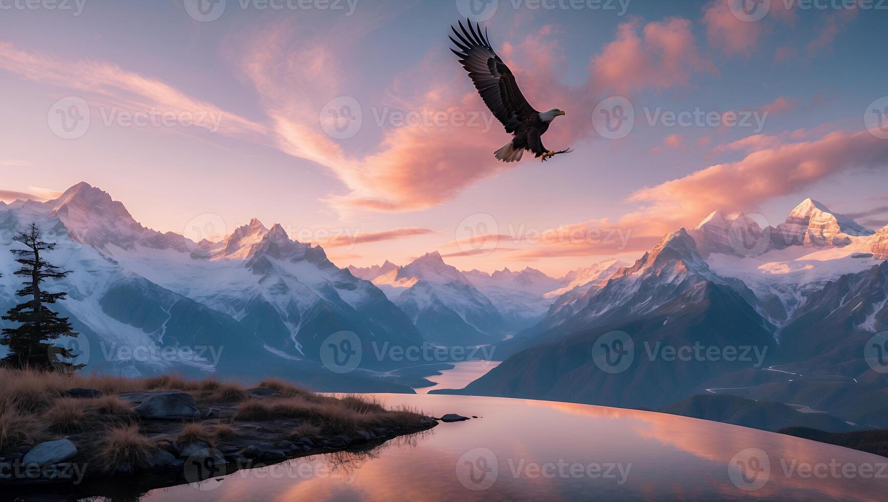 Eagle Soaring Over Mountain Lake with Snowy Peaks at Sunset photo