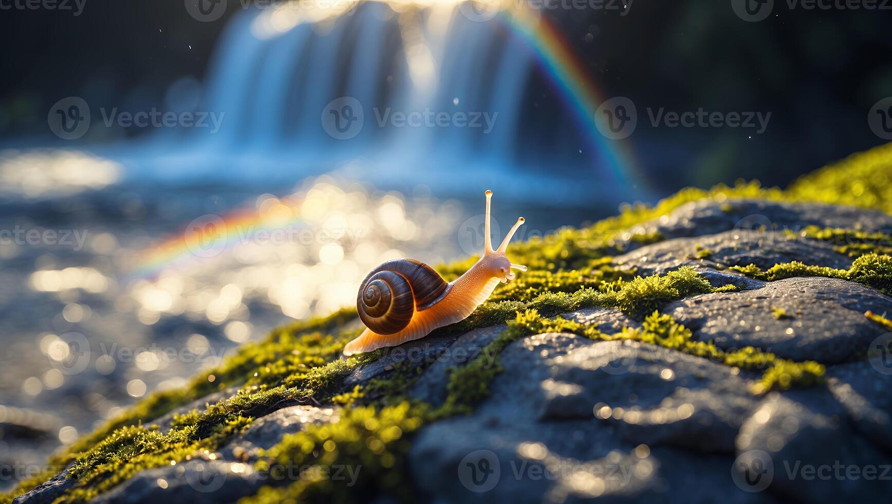 Snail Climbing Mossy Rock Near Waterfall with Rainbow in Background photo