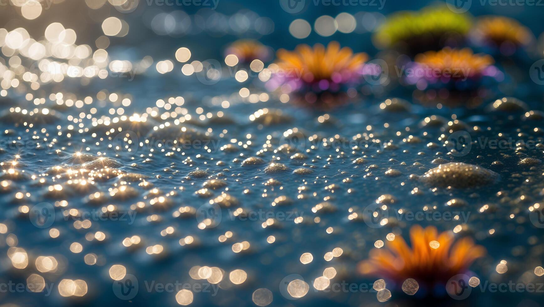 Water Surface Sparkling with Light and Floating Flowers in Deep Blue photo
