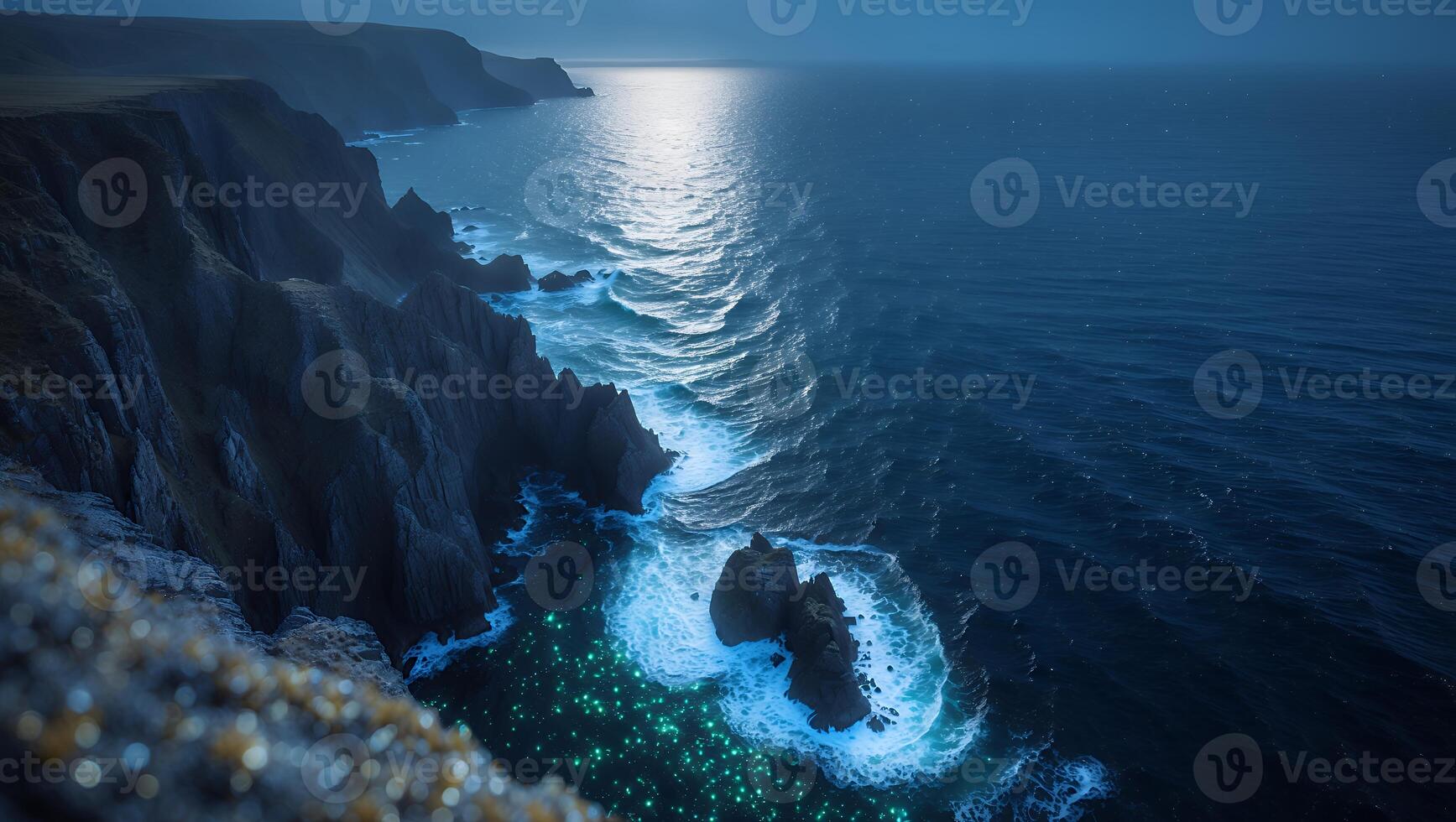 Ocean Waves Crashing on Rocky Coastline at Night with Moonlight photo