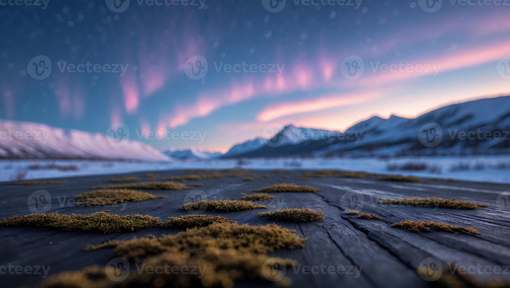 Mossy Wood Surface with Aurora Borealis and Snowy Mountain Backdrop photo