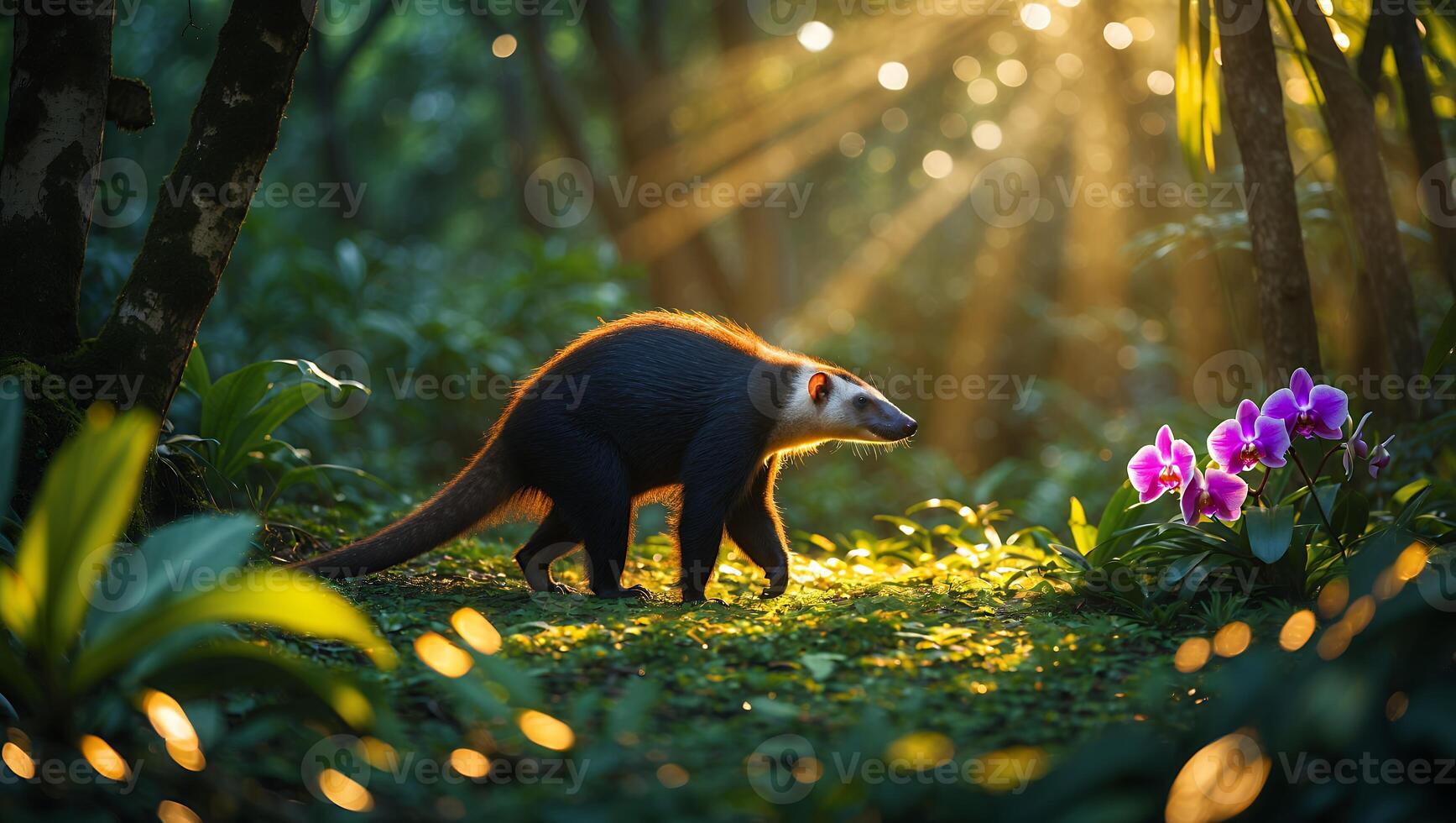 Animal Walking in Sunlit Jungle with Purple Flowers photo