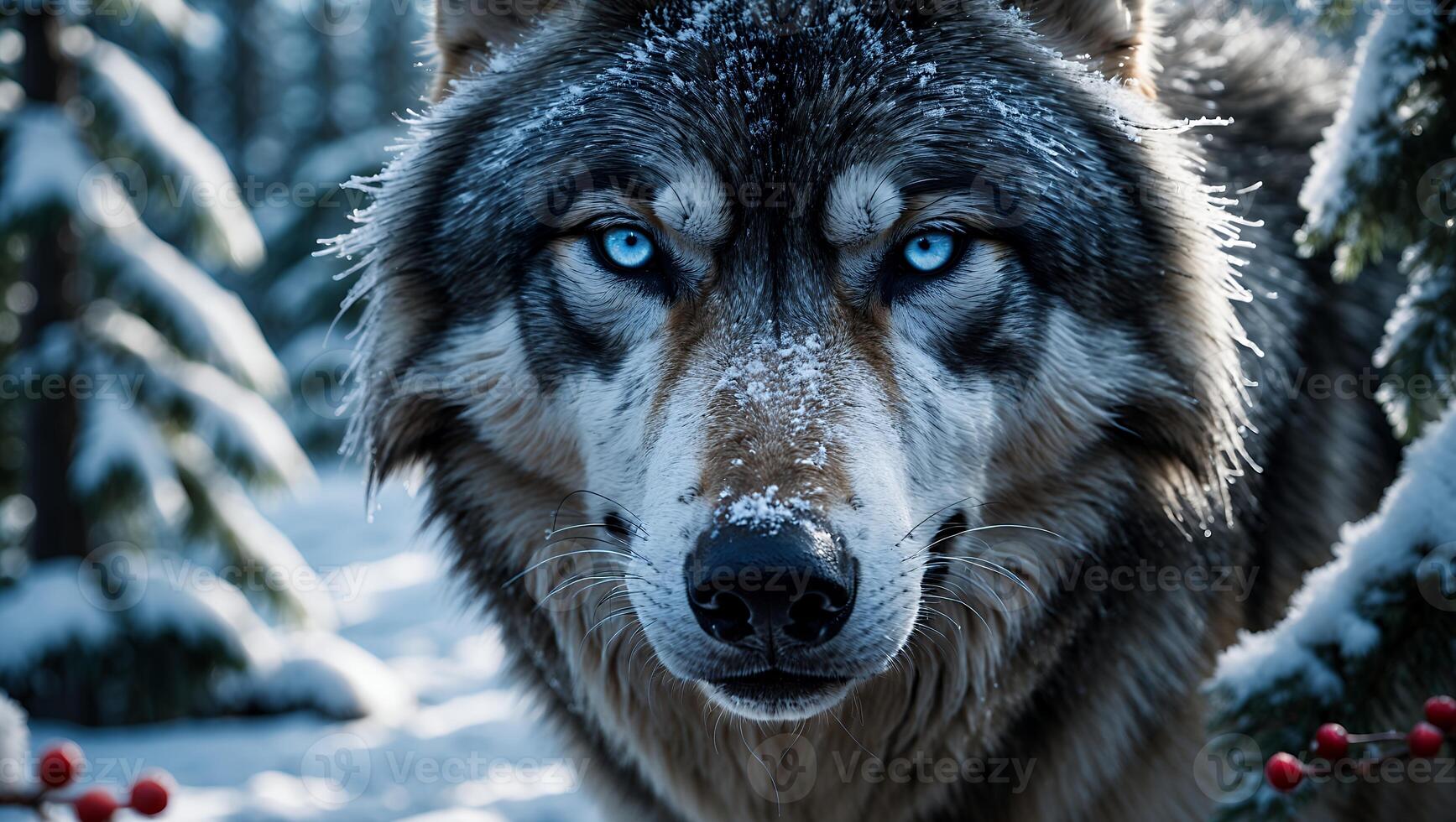 Wolf Face Close-up in Snowy Winter Forest with Piercing Blue Eyes photo