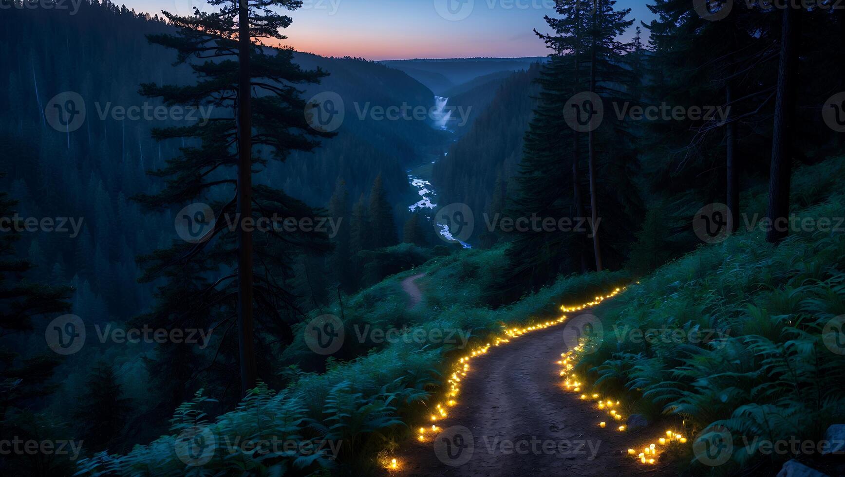 Walking Path Lit by Lights in Dark Forest with River View photo