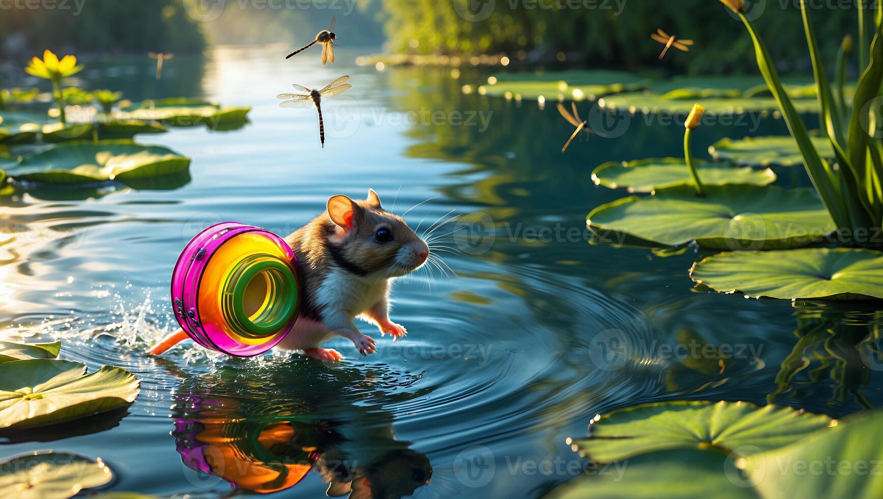 Hamster Running on Water with Colorful Wheel in Pond Landscape photo
