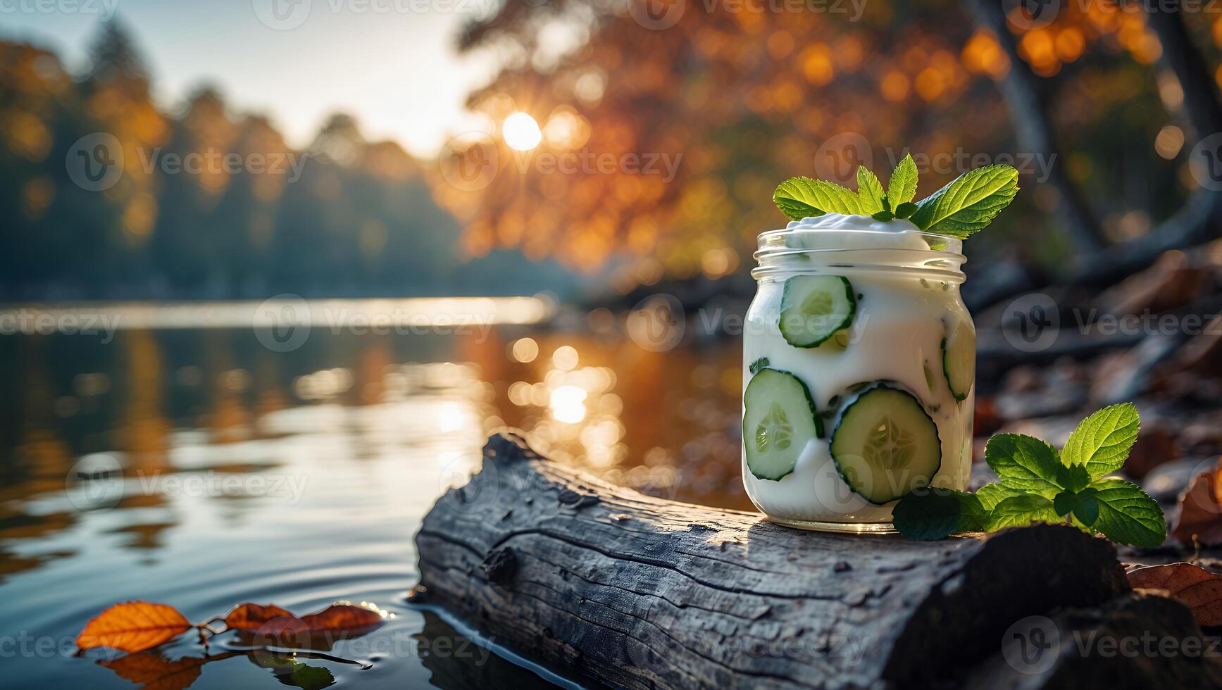 Cucumber Yogurt Drink by Lakeside in Autumn with Sunlight Reflection photo