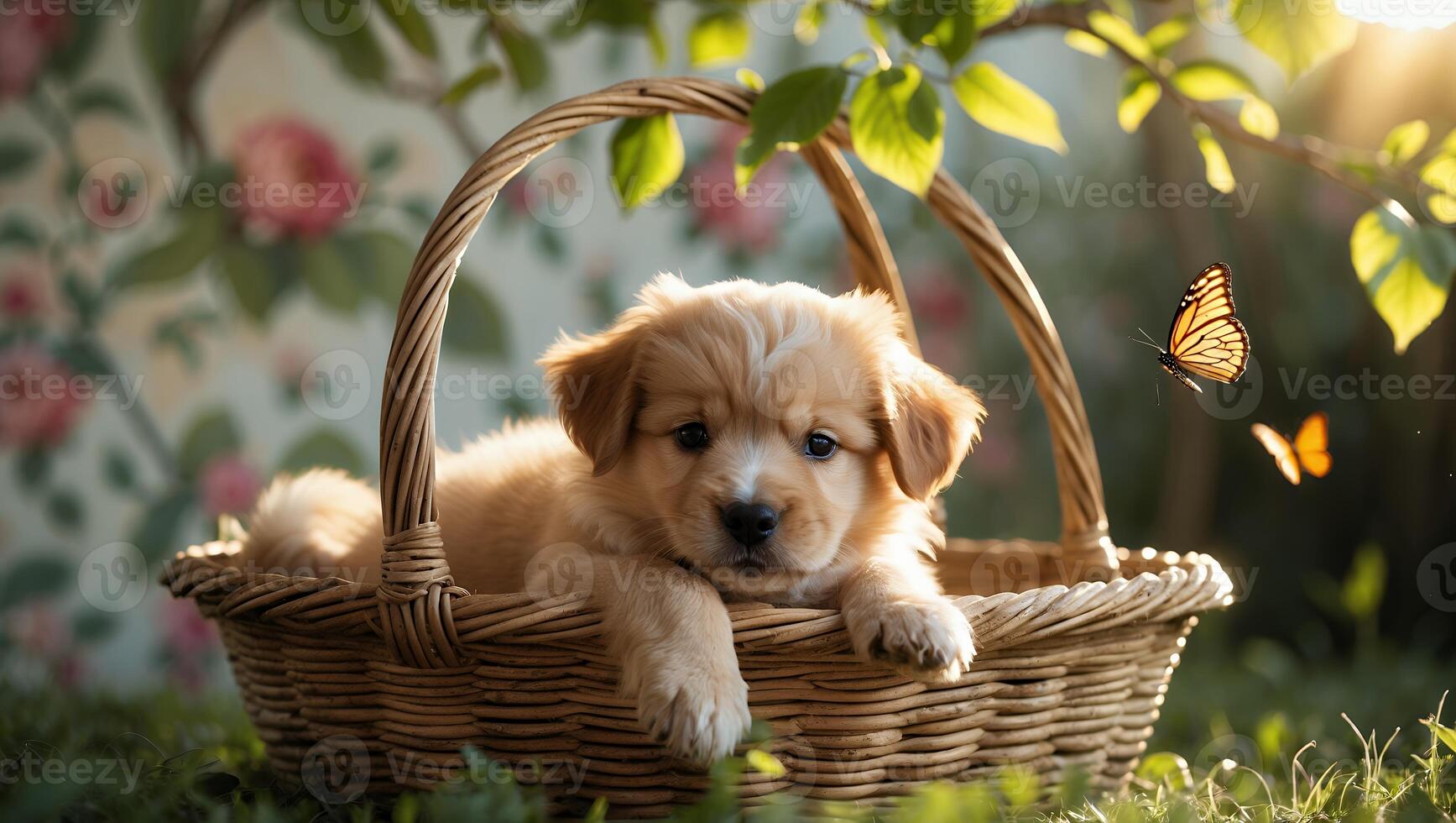 Cute Puppy Relaxing in Wicker Basket with Butterflies in Garden photo