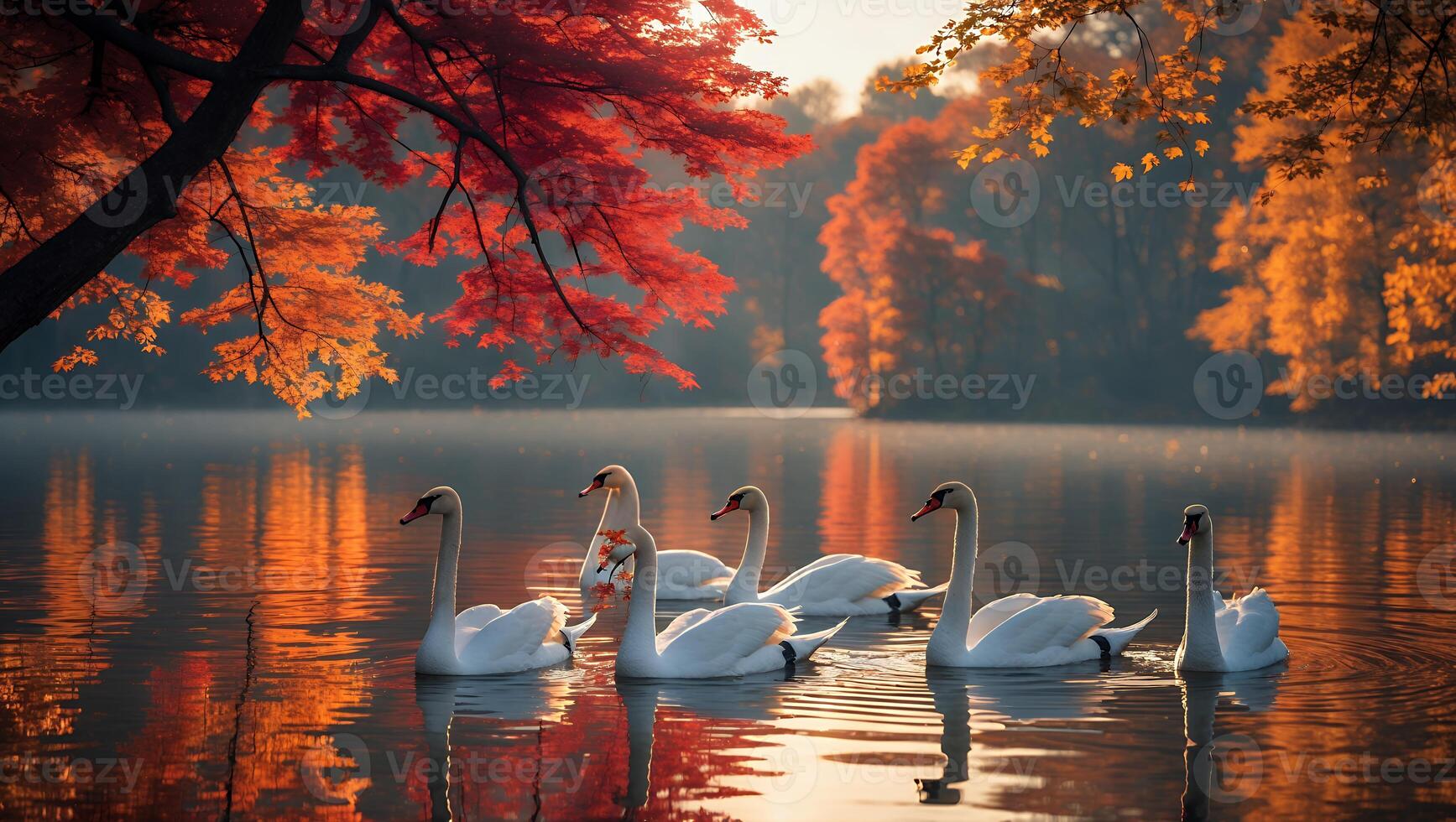 Swans Swimming on Lake in Autumn Reflecting Colorful Fall Foliage photo