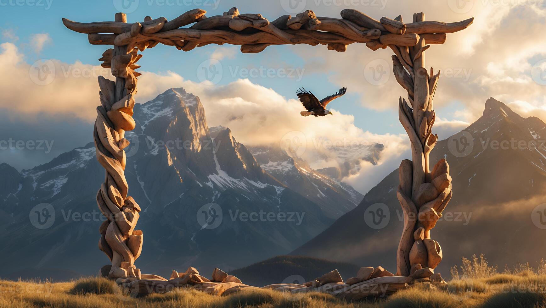 Eagle Flying Through Wooden Frame with Mountain Backdrop at Sunset photo