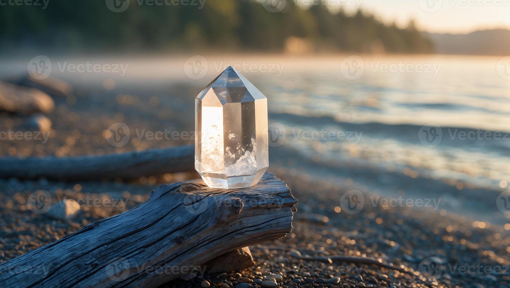 Crystal Point on Driftwood by the Lake at Sunrise with Fog photo