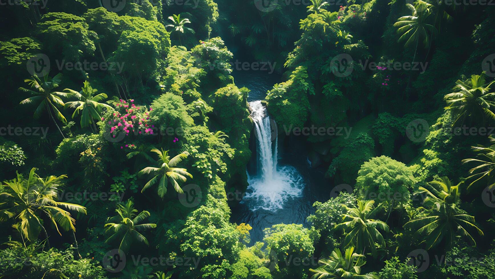 Waterfall Flowing Through Lush Green Tropical Rainforest From Above photo