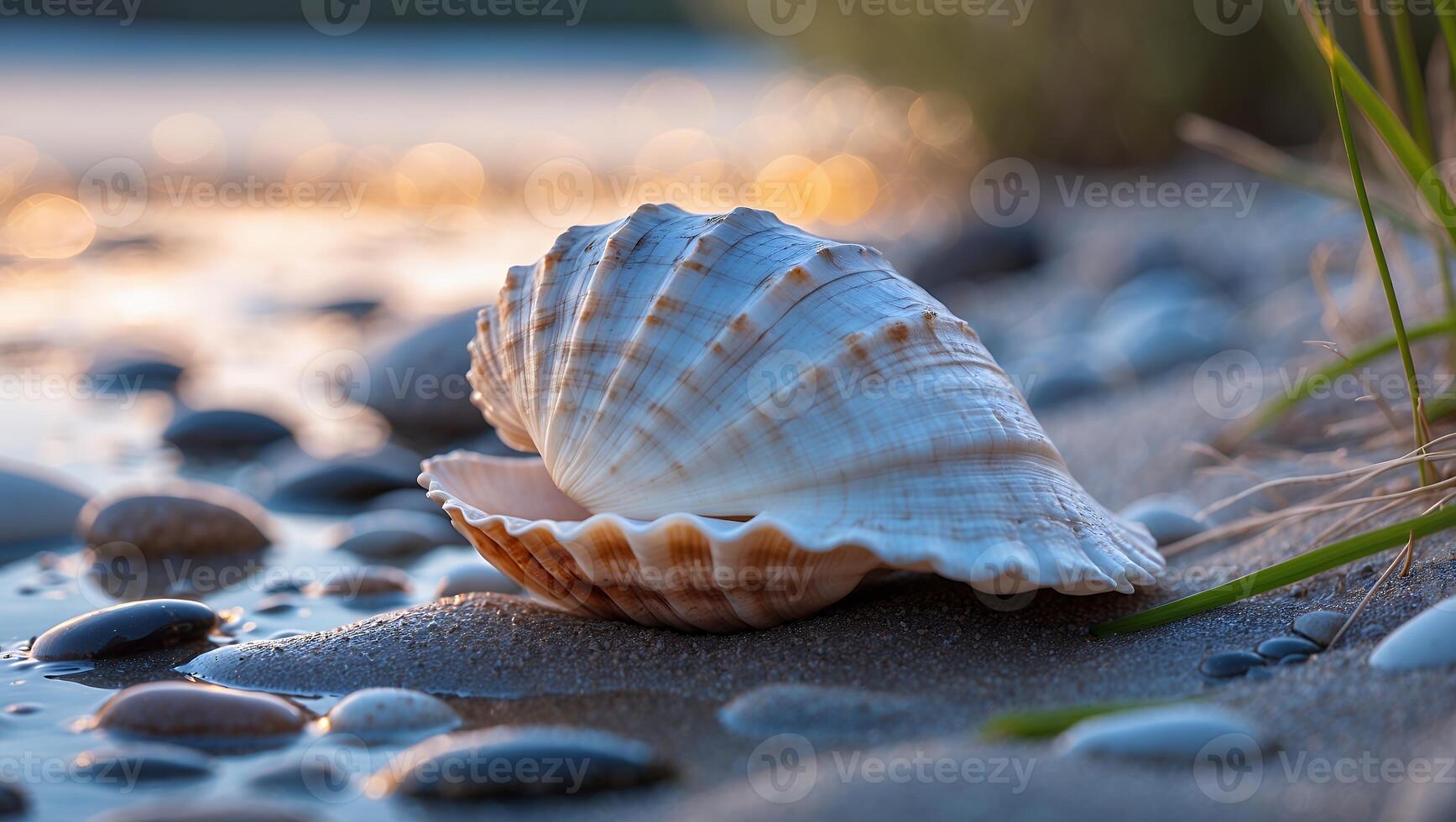 Seashell Resting on Sandy Beach Shoreline with Gentle Water photo