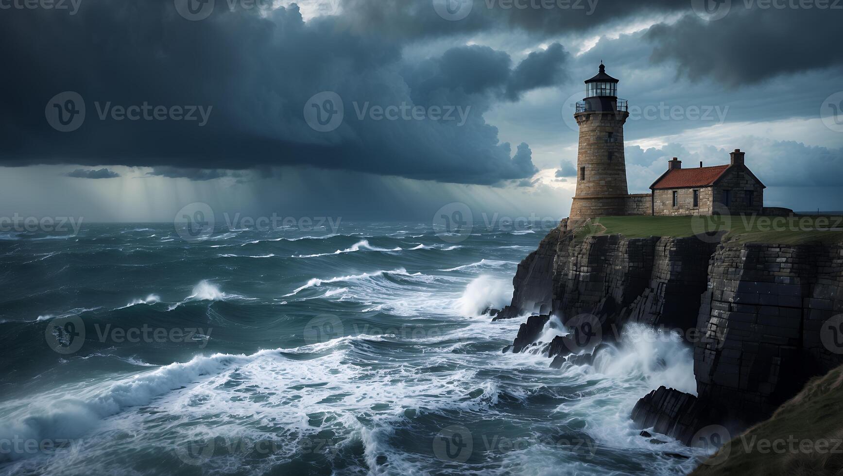 Lighthouse on Cliff Overlooking Stormy Sea with Approaching Dark Clouds photo