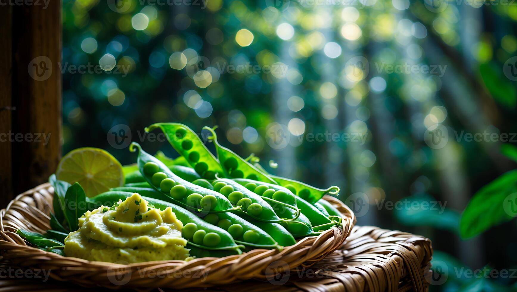 Fresh Green Peas and Dip on Wicker Plate with Bokeh Background photo