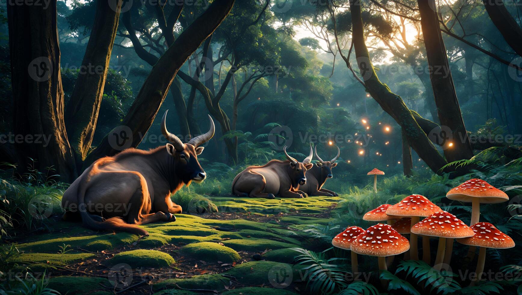 Animals Resting in Forest with Mushrooms and Sunlight Filtering Through Trees photo