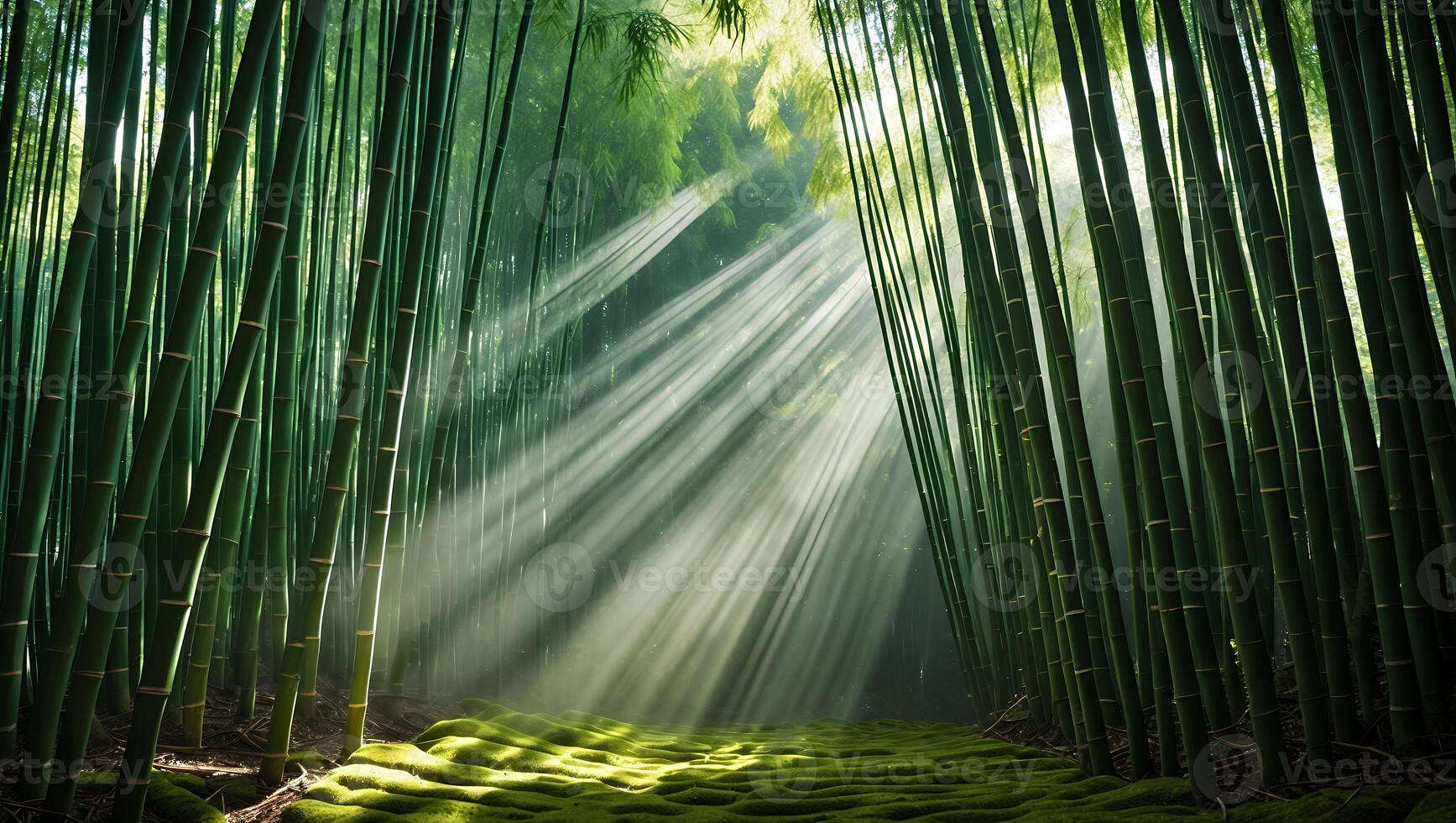 Sunlight Streaming Through Bamboo Forest Creating Mystical and Serene Atmosphere photo