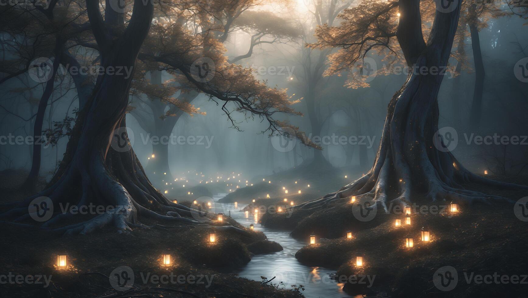 Illuminated Forest Stream with Glowing Lanterns Creates a Magical Mood photo