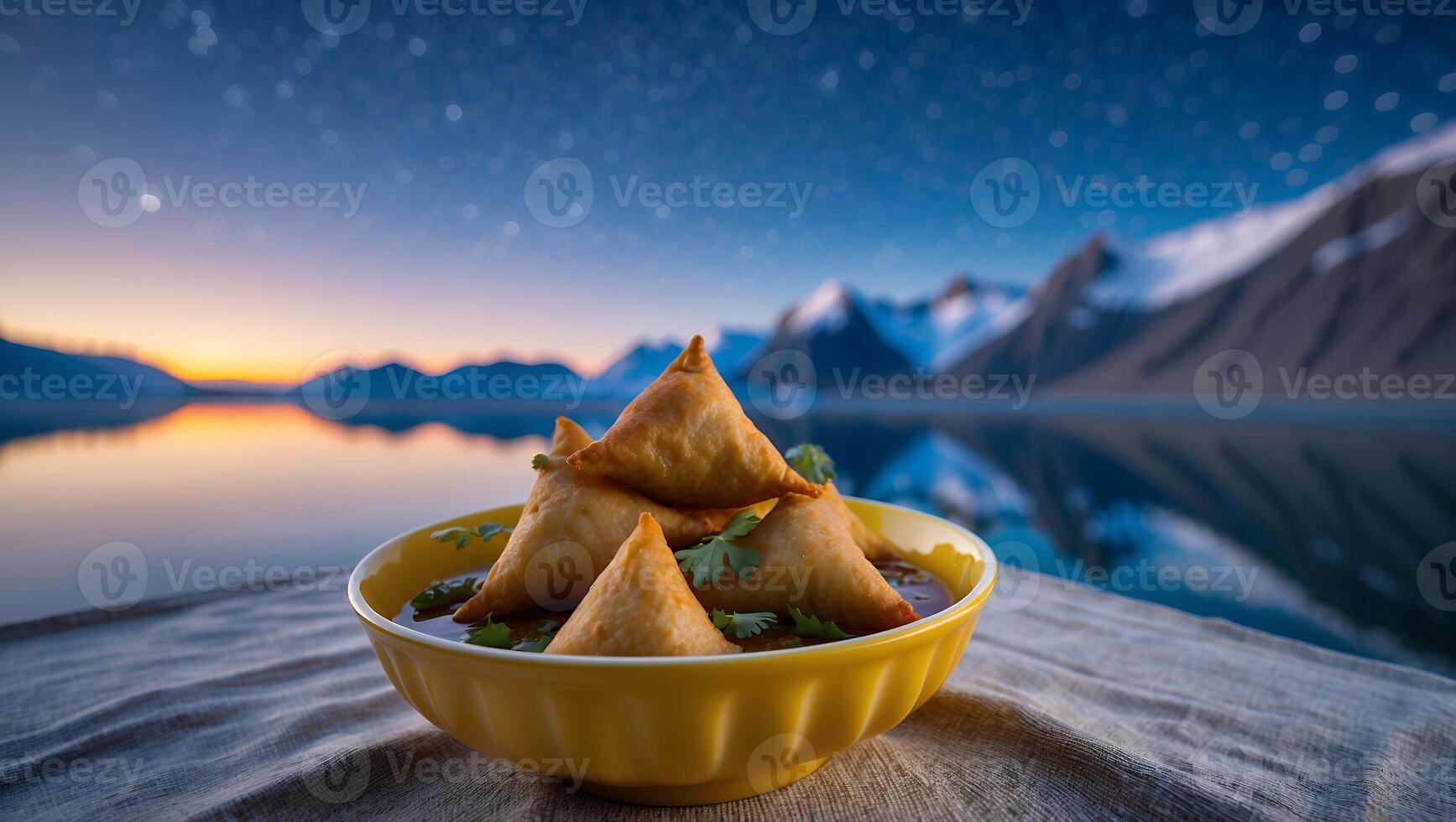 Golden Samosas in Yellow Bowl by Peaceful Lake at Dusk photo