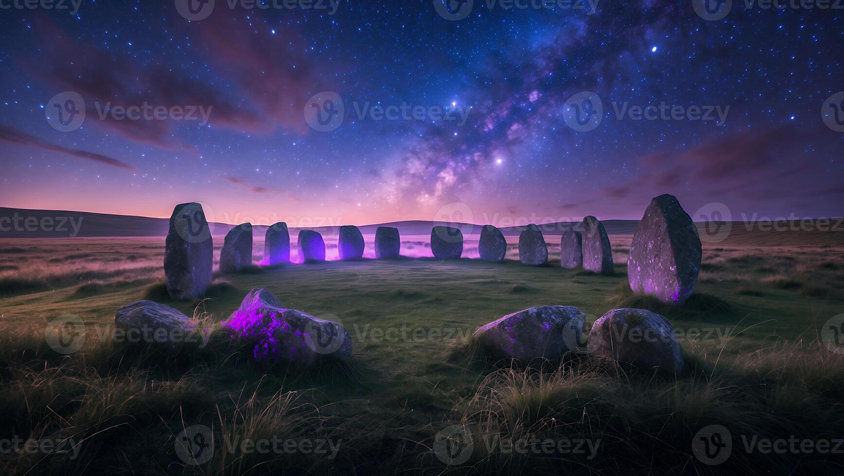 Stone Circle at Night Under Starry Sky Glows with Purple Light photo