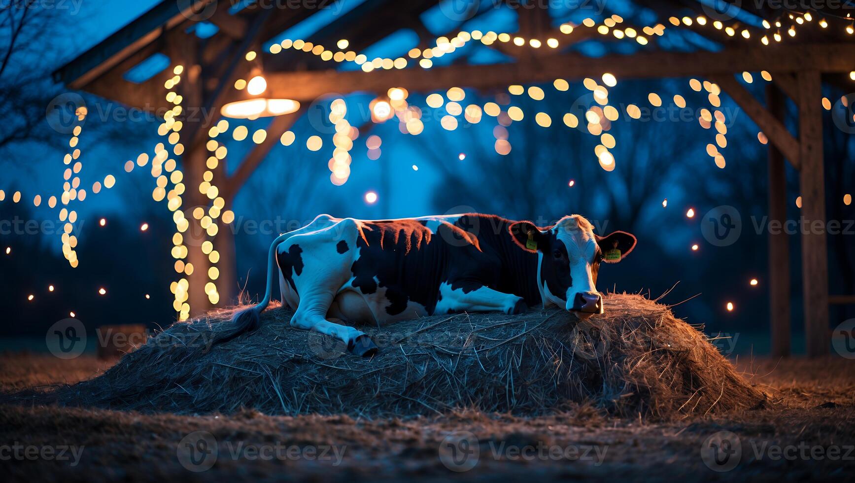 Cow Resting on Hay Bale at Night with Festive String Lights photo