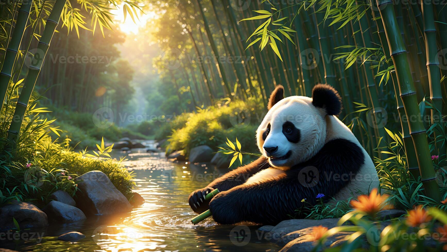 Panda Enjoying Bamboo Near a Flowing Stream in Sunlit Forest photo