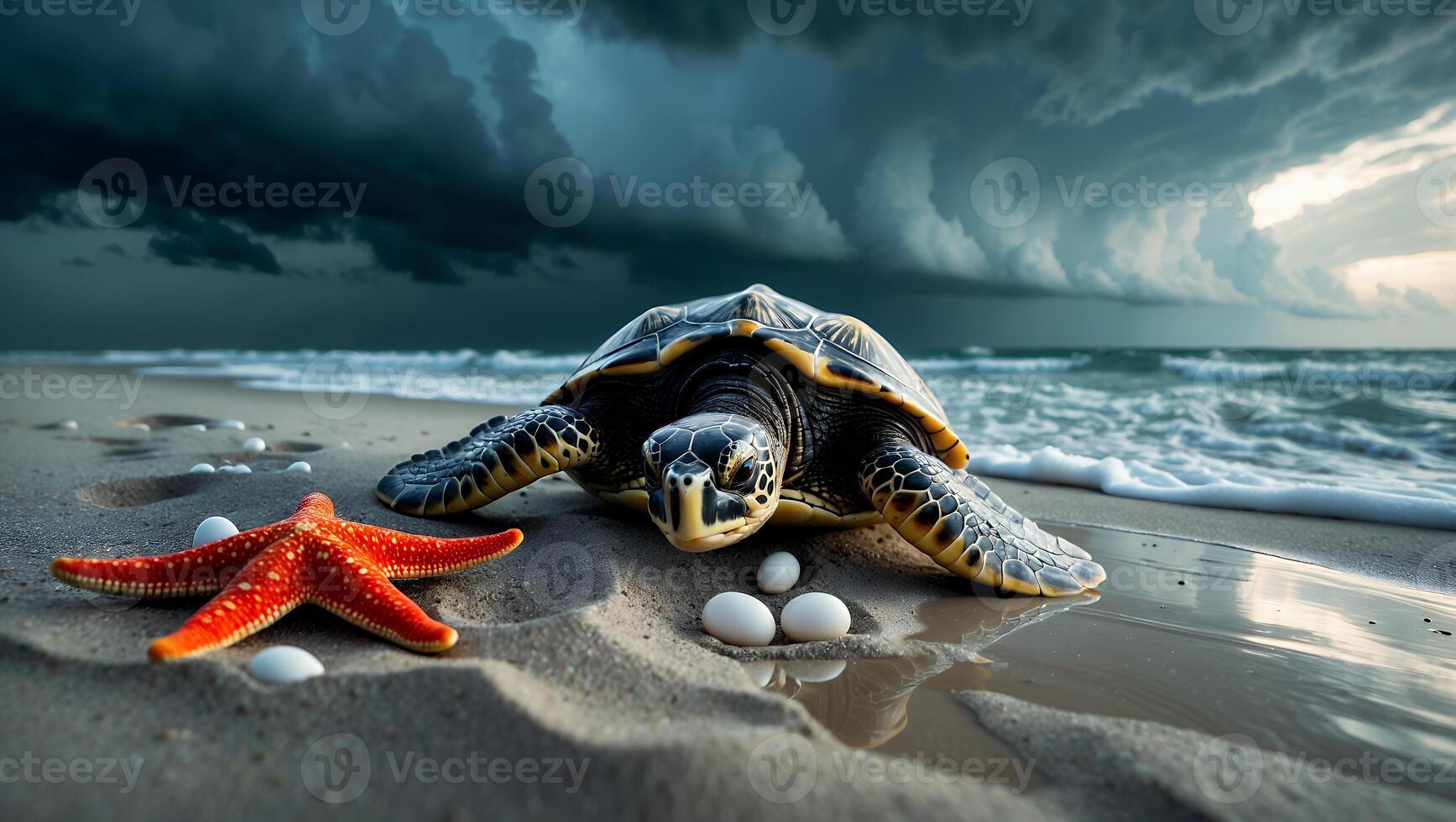 Turtle on Beach with Starfish and Eggs Under Dramatic Sky photo