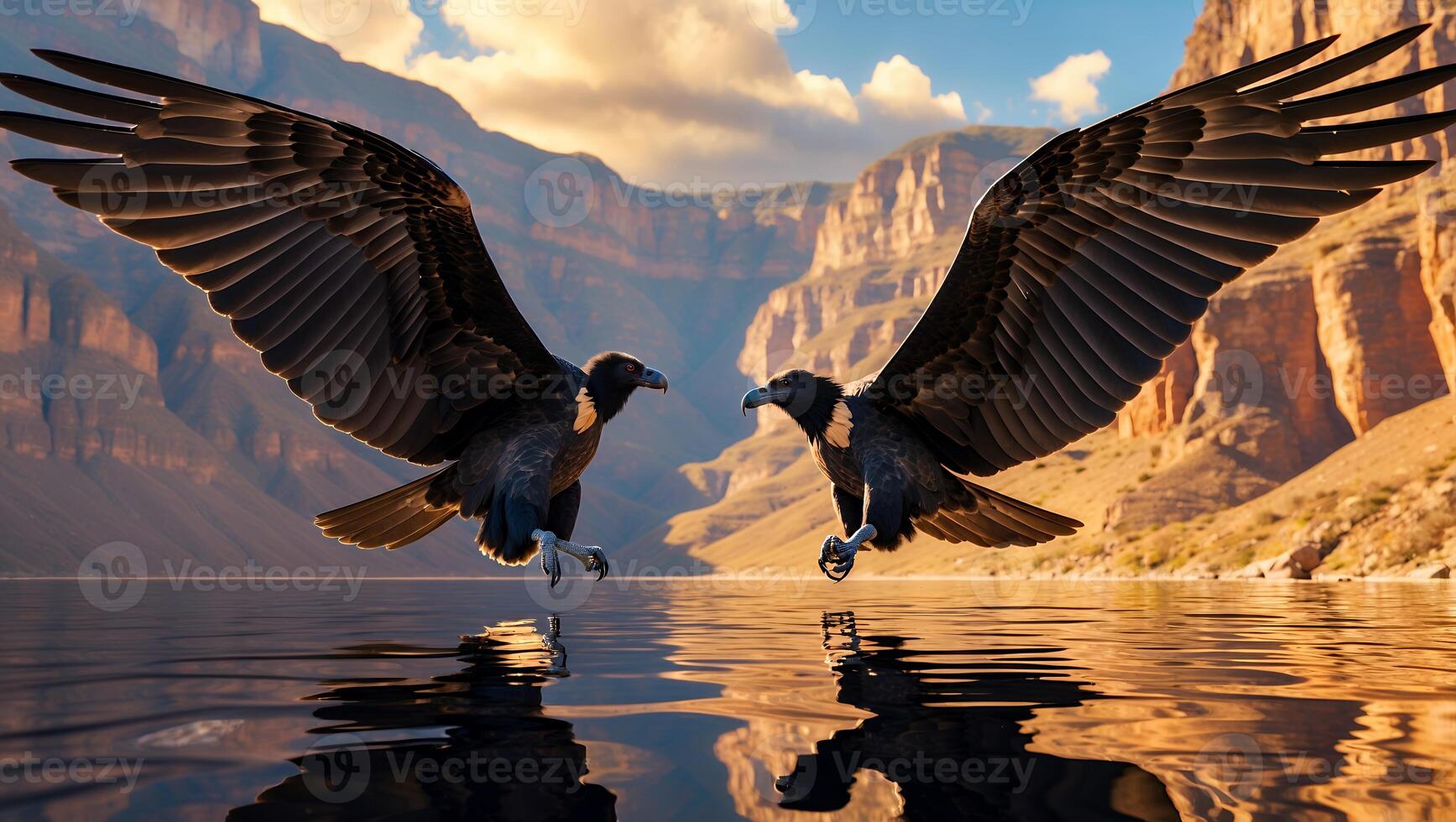 Birds Landing on Water with Canyon Mountains and Sky Reflection photo