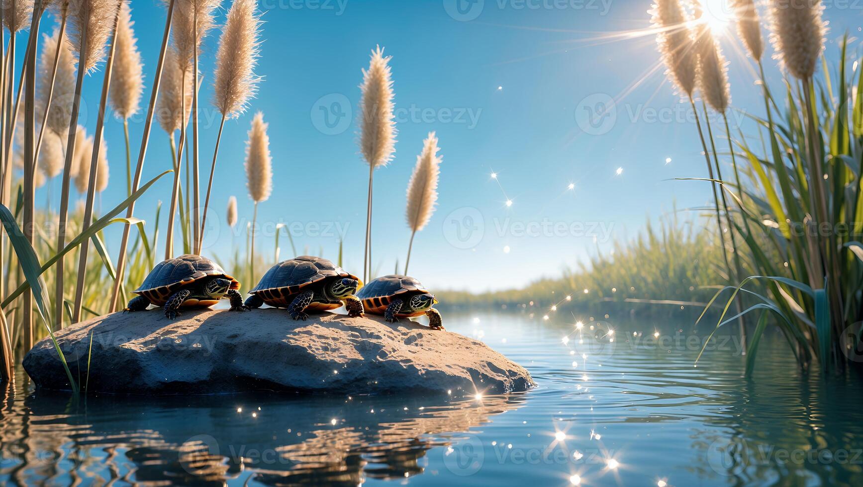 Three Turtles Resting on Rock in Calm Water with Sparkling Sunlight photo
