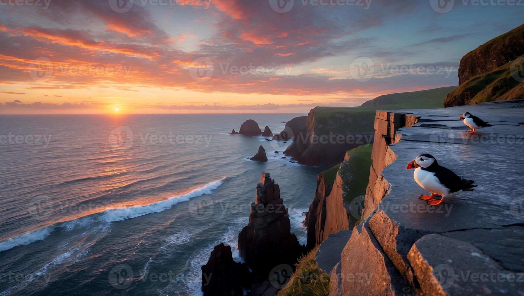 Puffin Standing on Cliffside Overlooking Ocean at Scenic Sunset photo