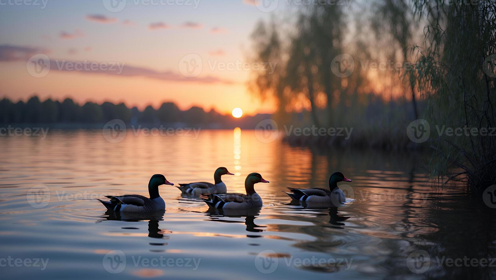 Ducks Swimming on a Lake at Sunset with Orange Sky Reflection photo