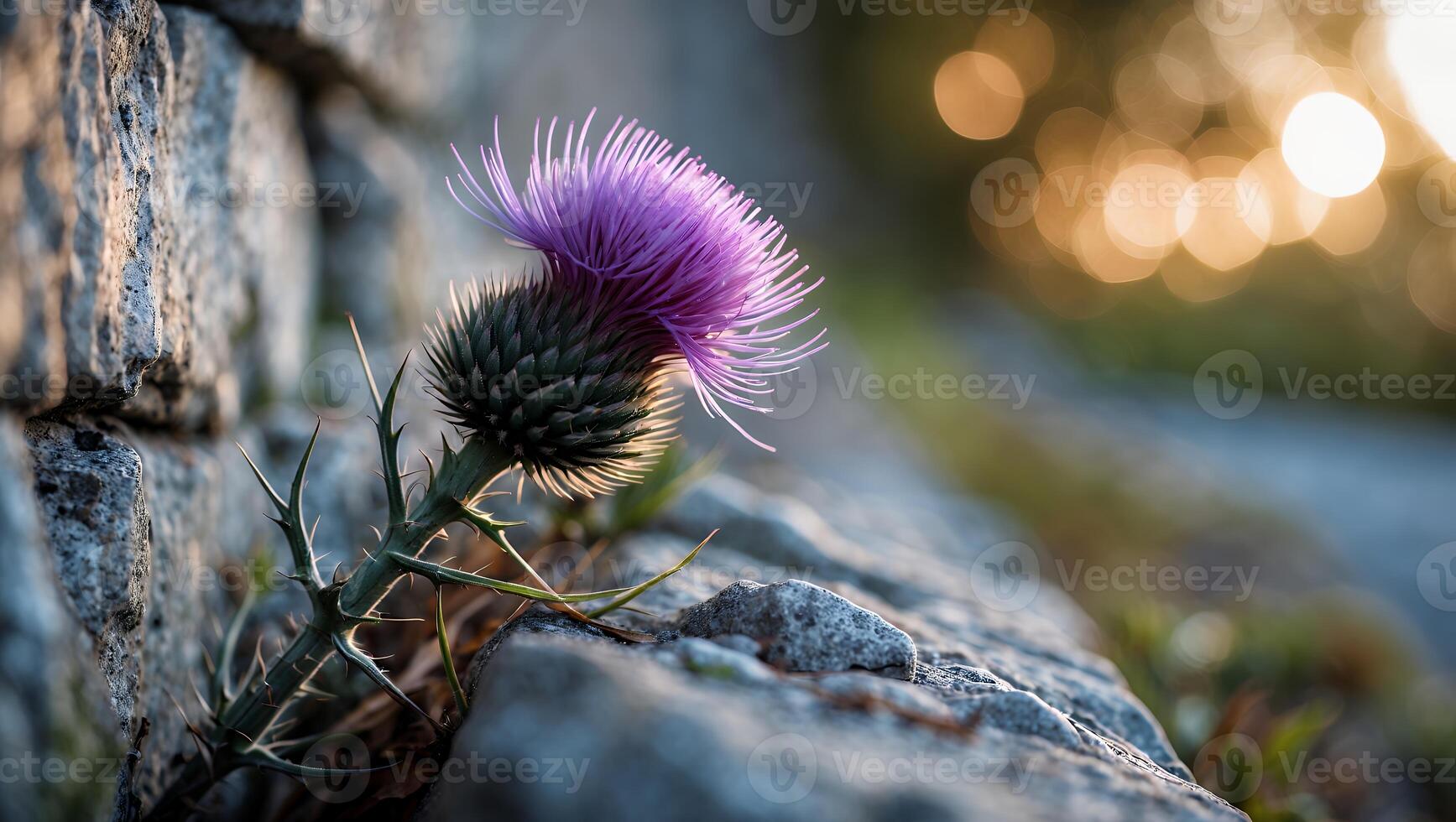 Purple Thistle Flower Growing Near Stone Wall at Sunset photo