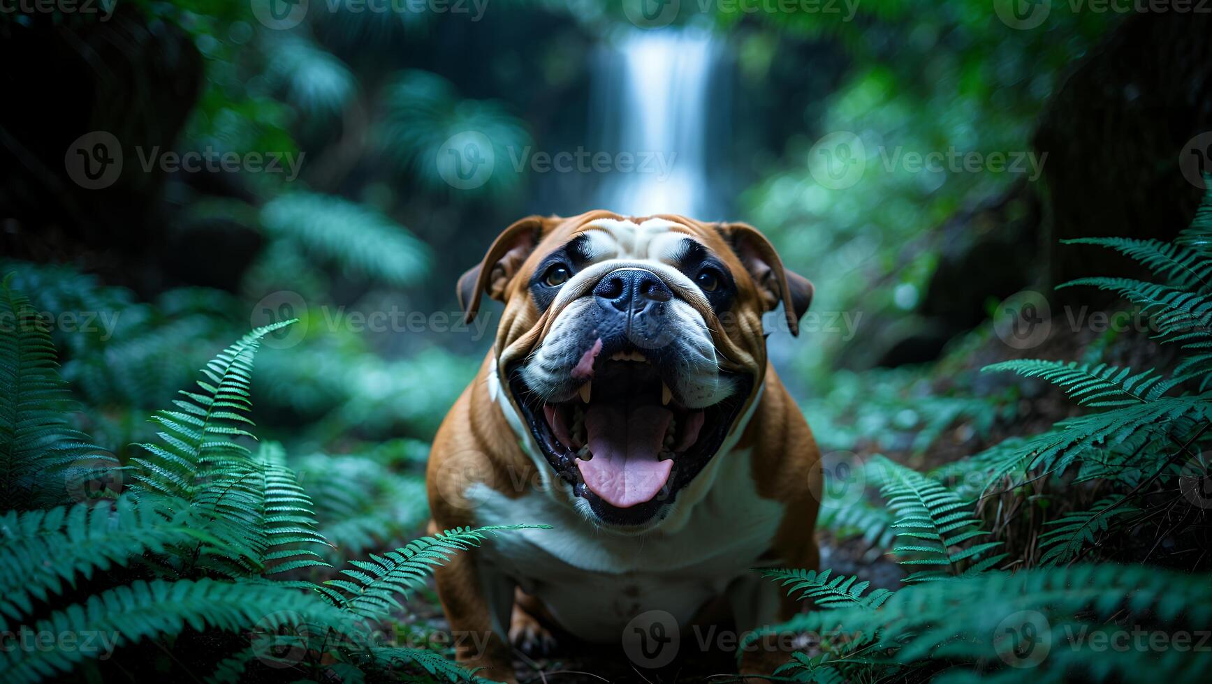 Happy Dog Sits in a Lush Forest Near a Cascading Waterfall photo