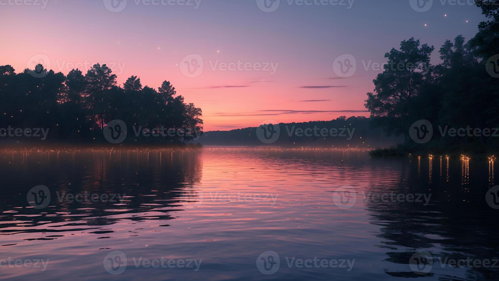 Lake Reflection at Dusk Forest Edge with Pink and Purple Sky photo