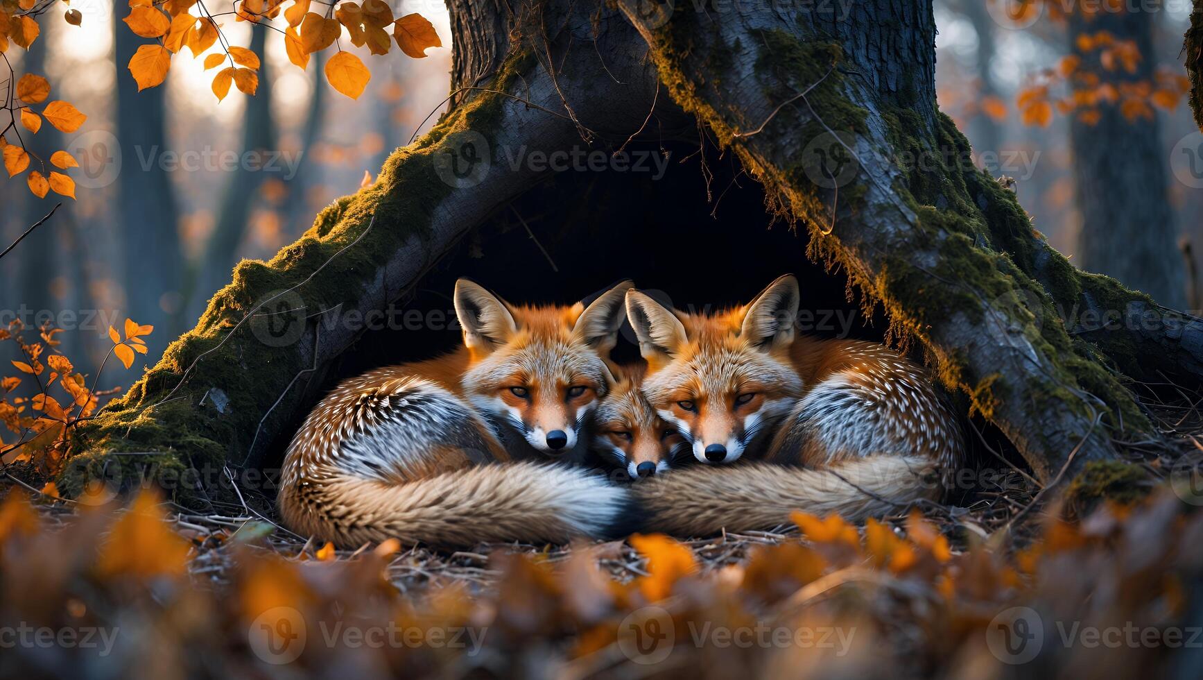 Foxes Resting Together in Hollow Log Surrounded by Autumn Leaves photo