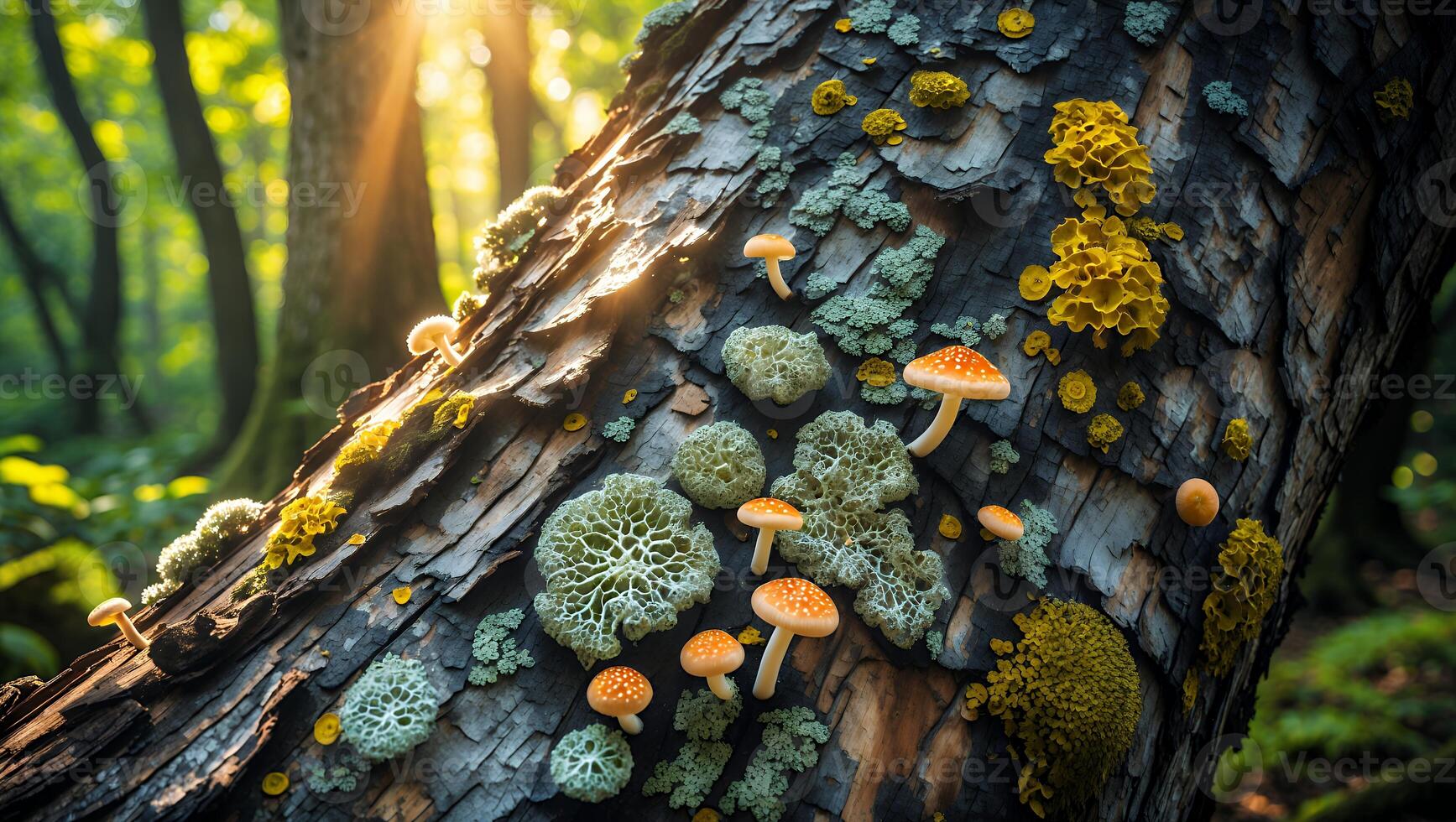 Mushrooms and Lichen Growing on a Mossy Tree Trunk in Forest photo