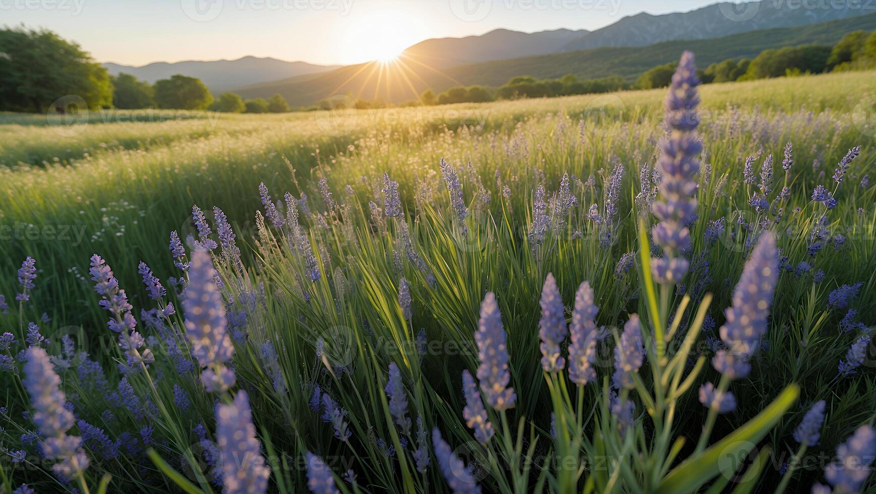 Lavender Blooms in Meadow at Sunrise with Mountains in Background photo